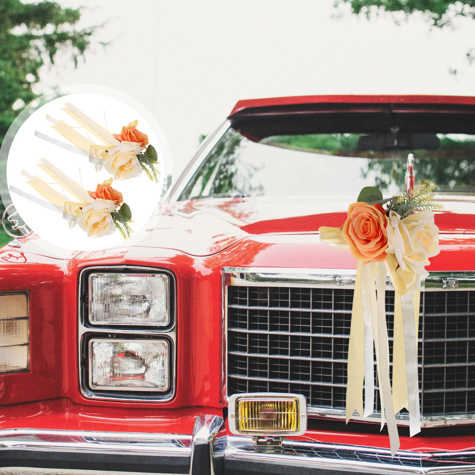 

2Pcs Rose Artificial Flower Wedding Car Decoration Flower Handle Mirror Door Decor for Wedding (Pink)