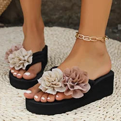 2024 Women's Black Slippers Wedge Heel Platform Flower Flip Flops Sandals Summer Girls Woman Trend Shoes Free Shipping Flat Lady