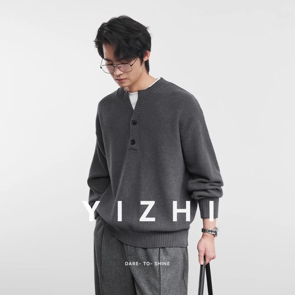 Fashion Men's Faux Two-Piece Knit Sweater with V-Neck and Button Design 2025 Winter New Versatile Top Pullover