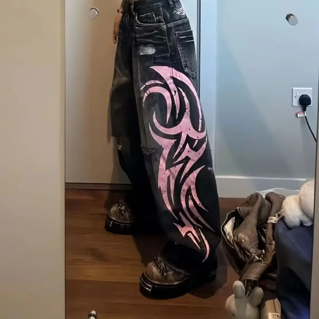 

American Retro Mottled Totem Print Loose Jeans Women's High Waisted Wide Leg Pants Japanese Trendy Hip-hop Style Jeans