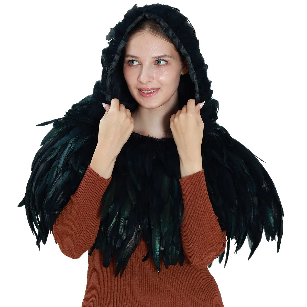 2026 Neues Halloween Cosplay Kostüm Damen Kapuzenumhang mit Federn Gothic Schal Hochzeitsparty Umhang Accessoires