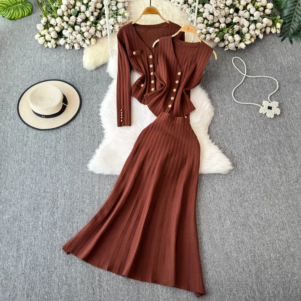 Women Three-Piece Sets Vintage Sleeveless Vest Knit Cardigan Top High Waist Mermaid Skirt Korean High Street Winter Clothing