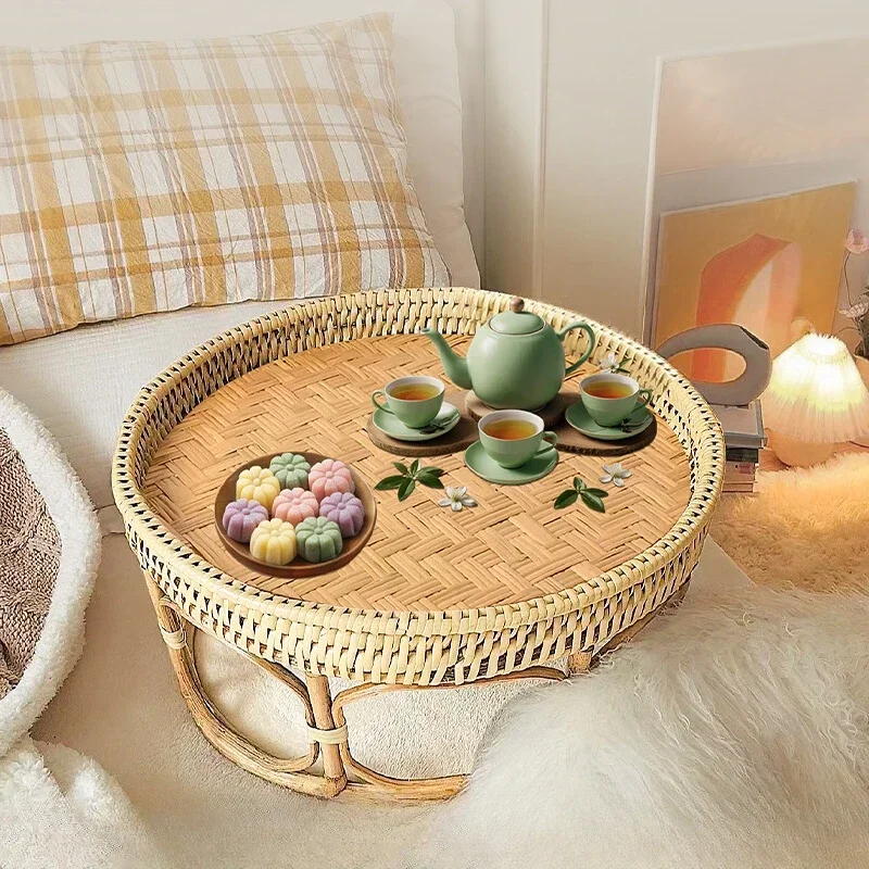 Bamboo Rattan Woven Bread Storage Tray Circular Hand-Made Food Tray Portable Tatami Coffee Breakfast Storage Shelf