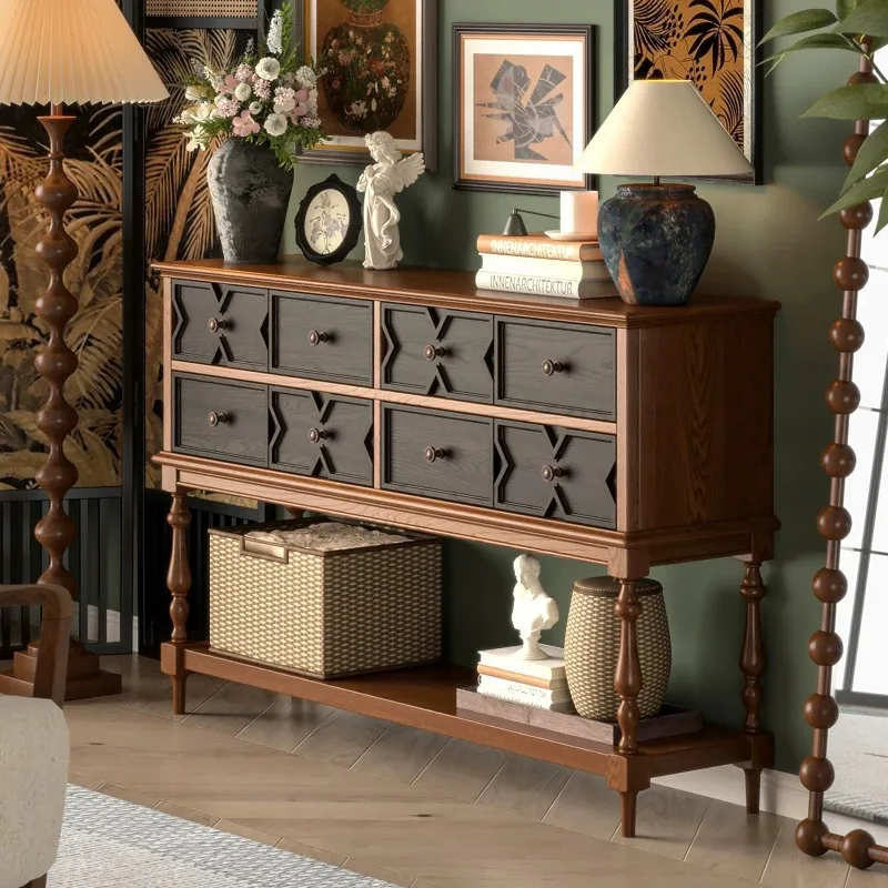 French retro solid wood entrance table, neoclassical black partition, wall locker, all solid wood entrance table