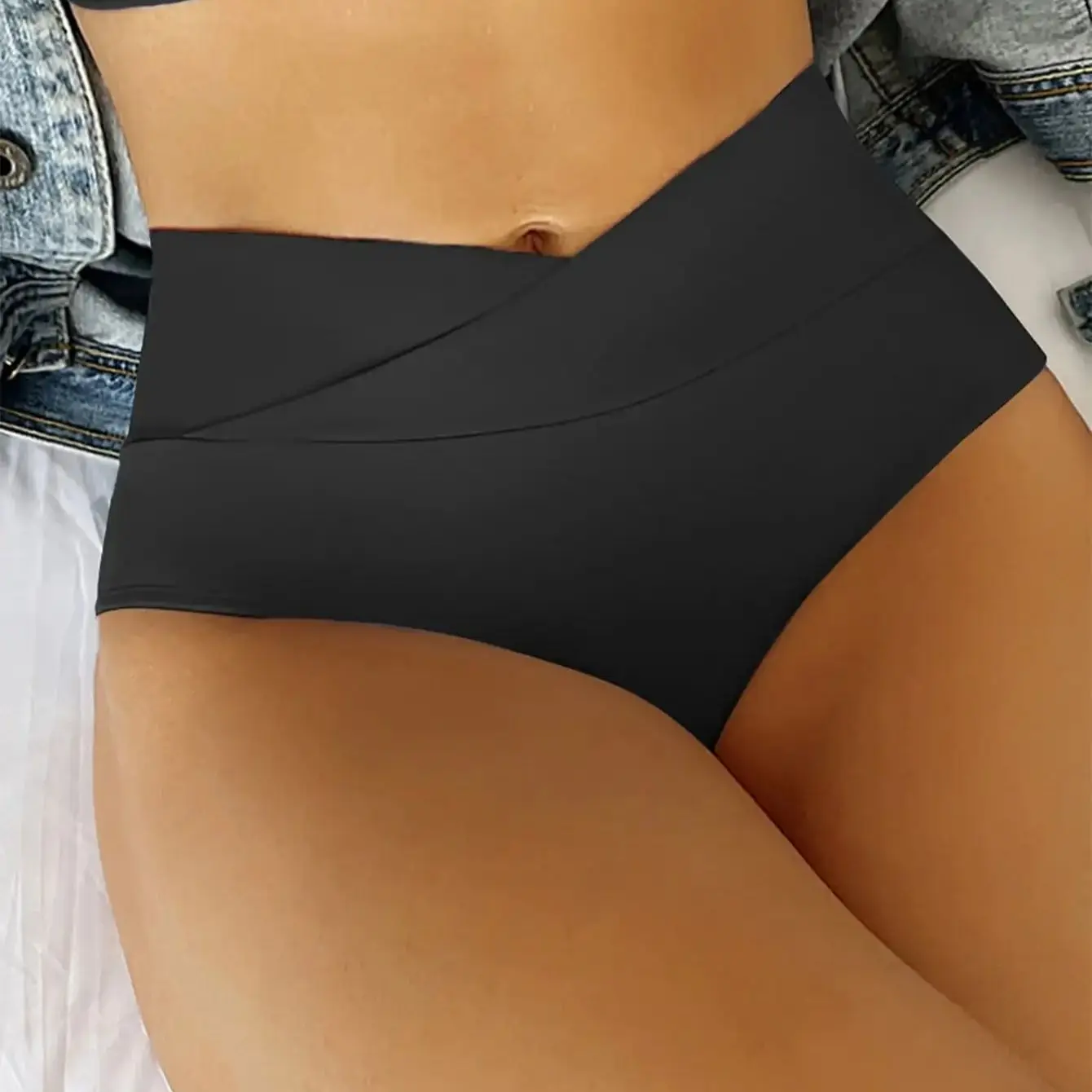 Women Swimming Shorts crossed waistband female beach shorts high-waist sexy bikini bottoms solid color