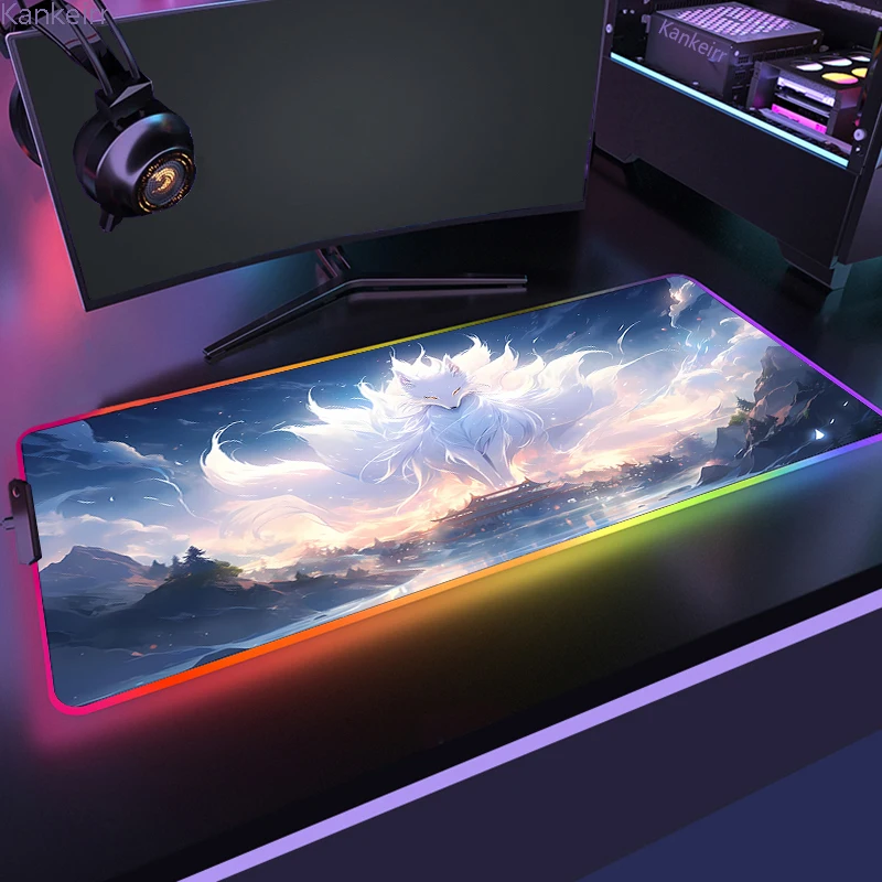 Anime Fox RGB Mouse Pad GamingMat Gamer Large Luminescence Kawaii Mousepad LED Game Desk Pads Non-slip Rubber Backlit Mouse Mat