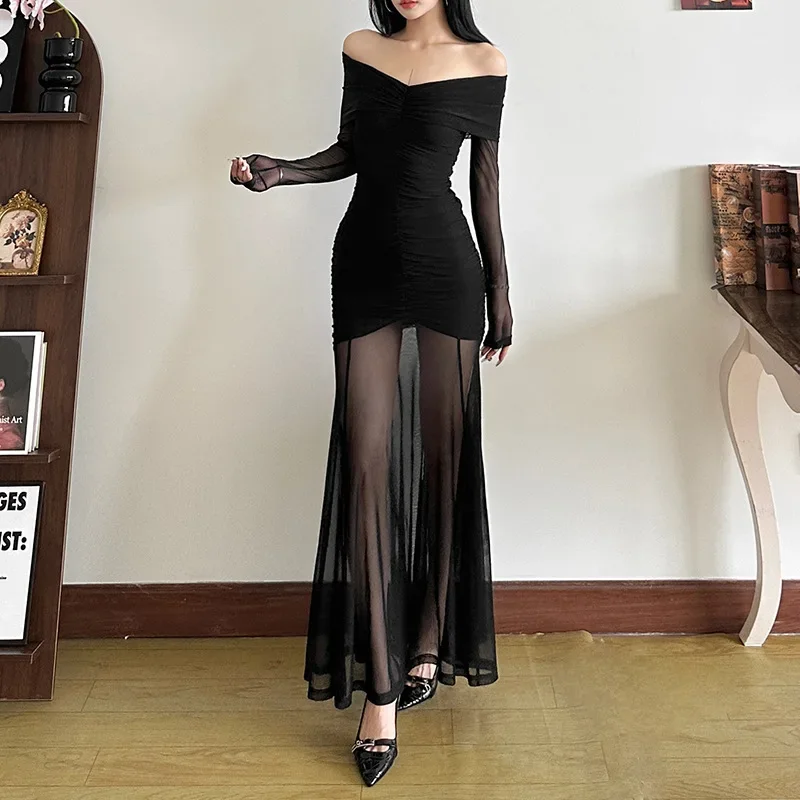 Fashion Trend Autumn Winter New Women\'s Dress Solid Color Temperament Sexy One-Line Collar High Waist Waist Dress Women