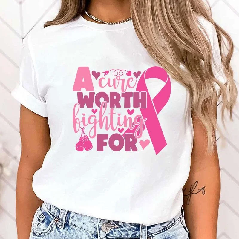 

Hot Breast Cancer Awareness A Cure Worth Fighting For Letter Printing T-Shirt Women Fashion Short Sleeve Casual Summer T-Shirt