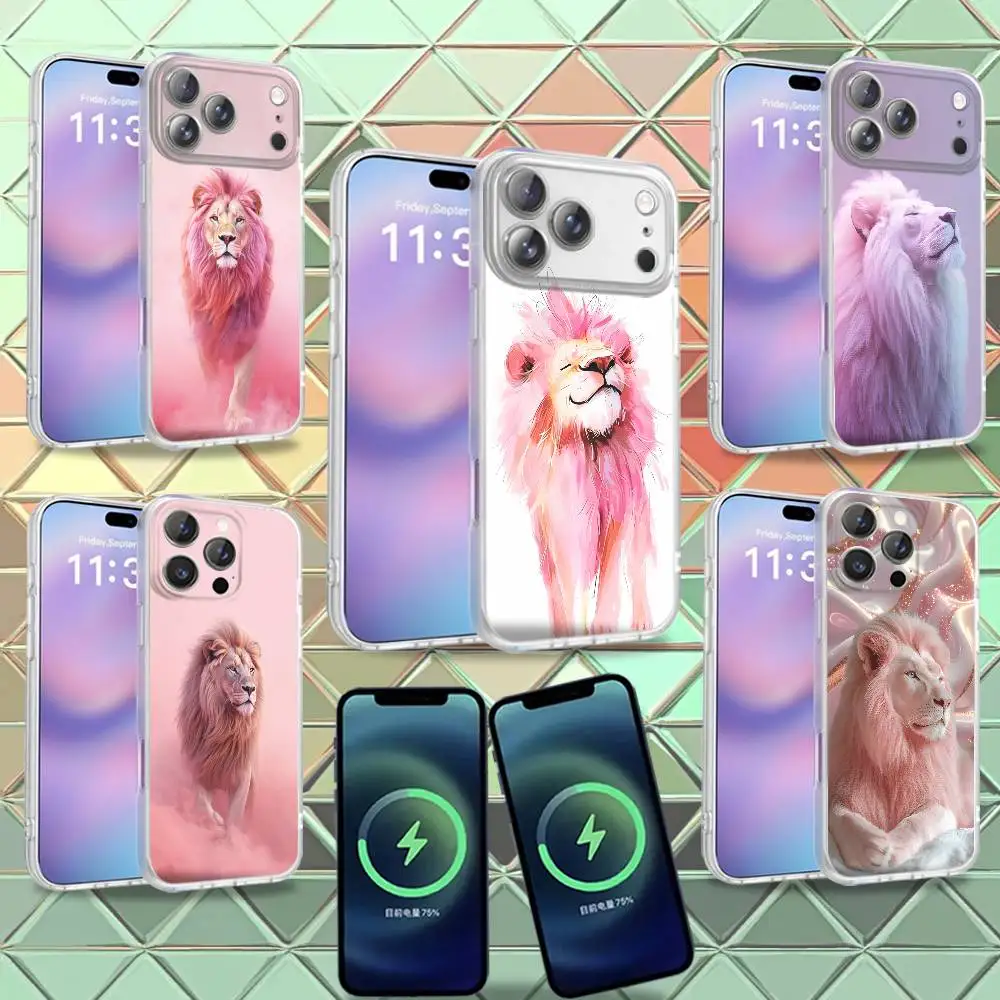

White pink lion pattern For iPhone 17,12,11,14,13,15,16,Plus,Air,Pro,Max,E,Mini for Magsafe Magnetic Frosted Phone Case