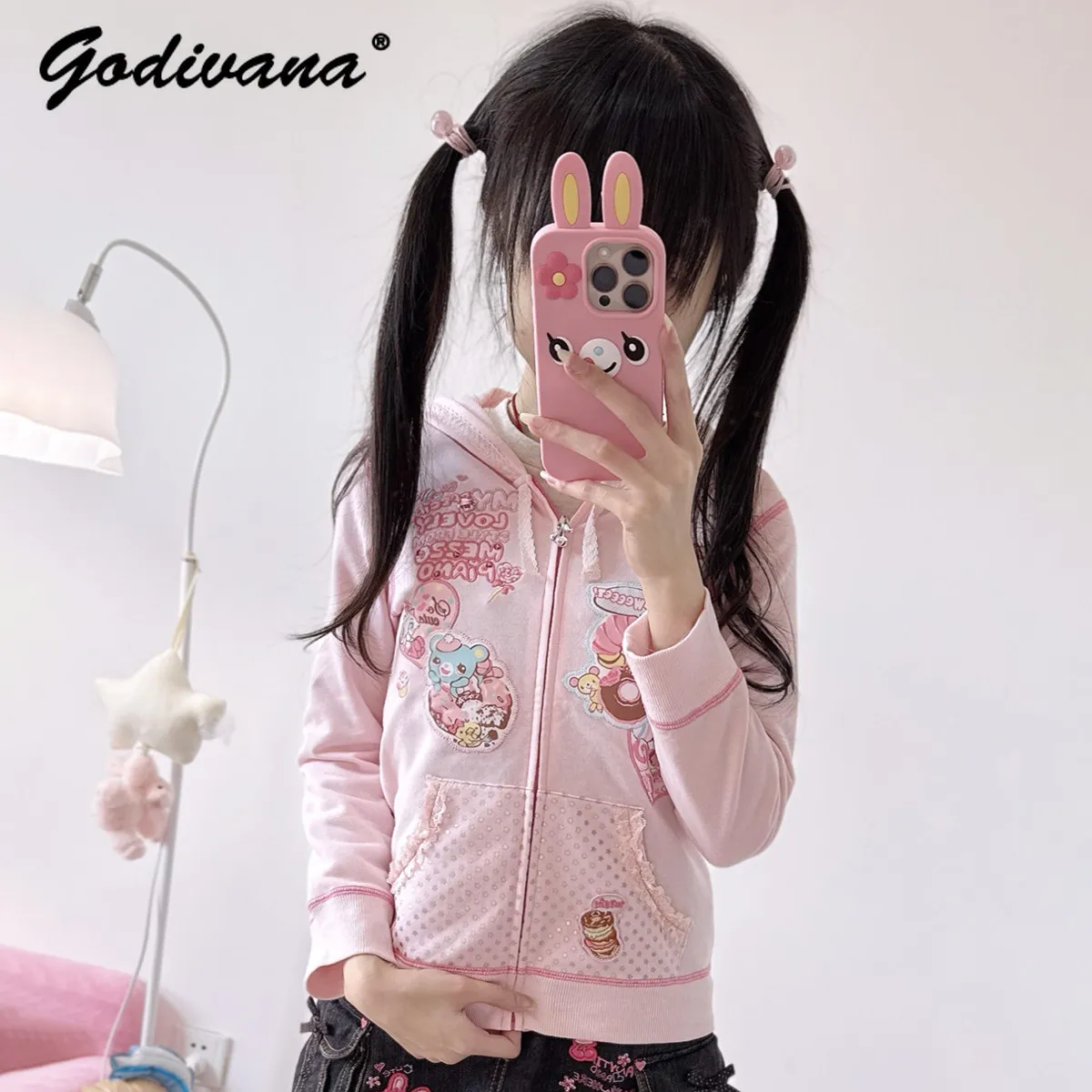 Daughter Girls Cute Outwear New Spring and Fall Rabbit Ear Zip-up Pink Hoodie Jacket Women's Kawaii Coat