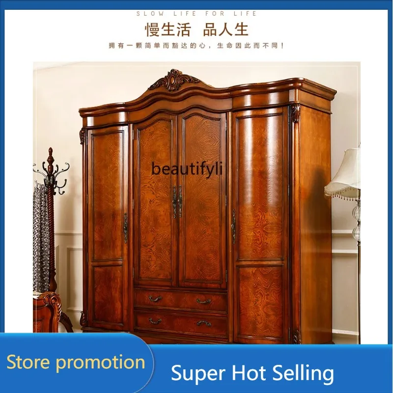 AY55   American solid wood four-door large wardrobe European simple wardrobe bedroom villa retro cloakroom, locker