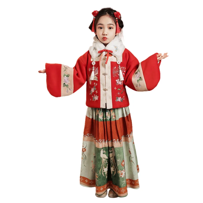 

Chinese Ancient Tang Clothing New Year Costume Classical Improved Hanfu Red Long Sleeved Warm Thicken Suit for Girls in Winter