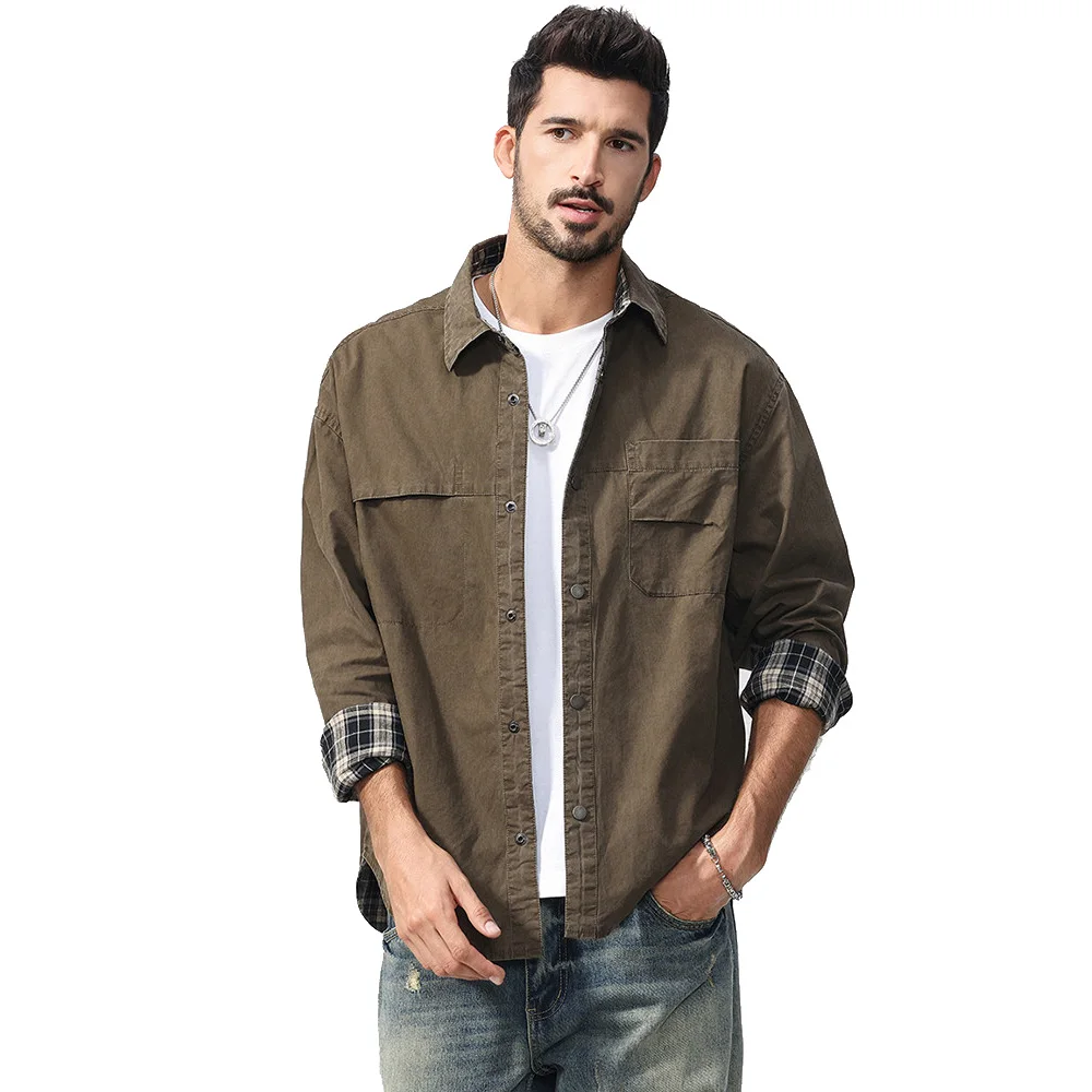 Double Side Wearable Cotton Cargo Shirts Men Streetwear Vintage Fashion Loose Casual Long Sleeve Plaid Shirts Style Jacket Coat