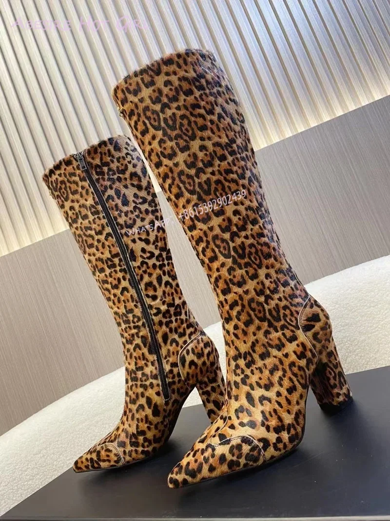 

Brown Horse Hair Leopard Print Suede Boot Pointed Black Leather Women Zipper Square Heel Stone Spots Versatile Booties Knee Shoe