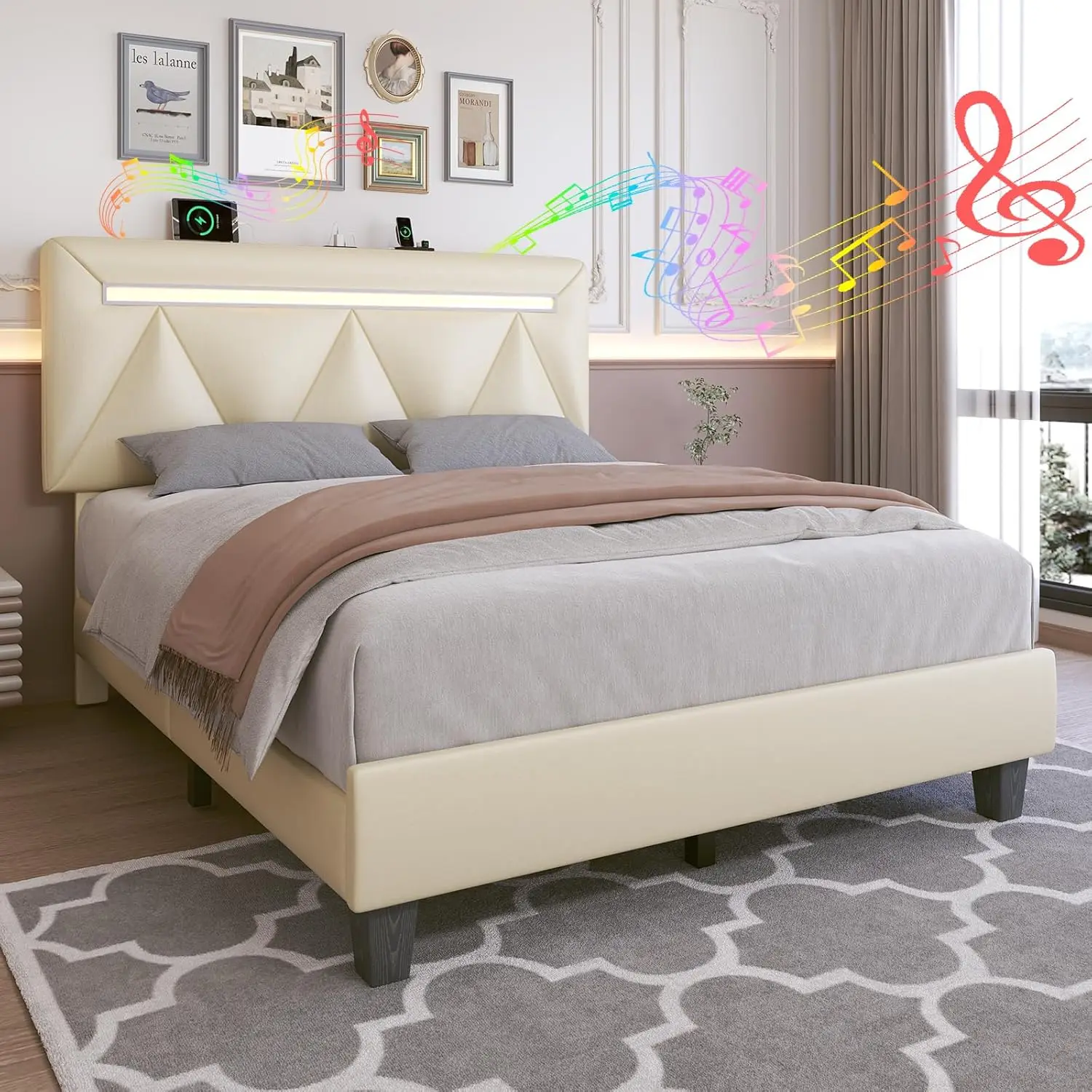 

Full Size Bed Frame with Bluetooth Speaker, LED Lights and Charging Station, Faux Leather Linen Fabric Adjustable Headboard,Mode