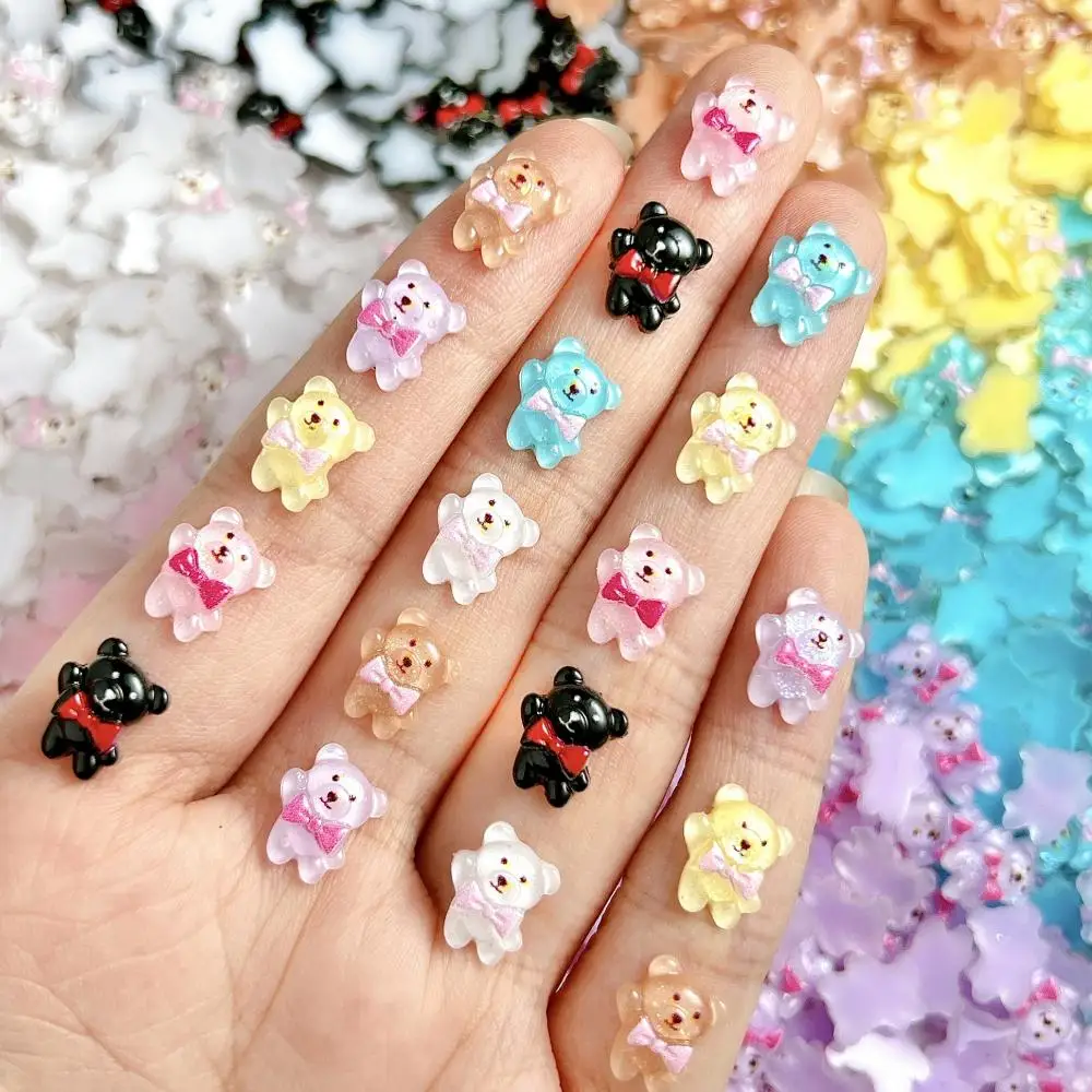 

50Pcs Cartoon Translucent Bear Resin Nail Art Decorations Colorful Luminous Adorable Tie Bear Shiny Nail Charms for DIY Manicure