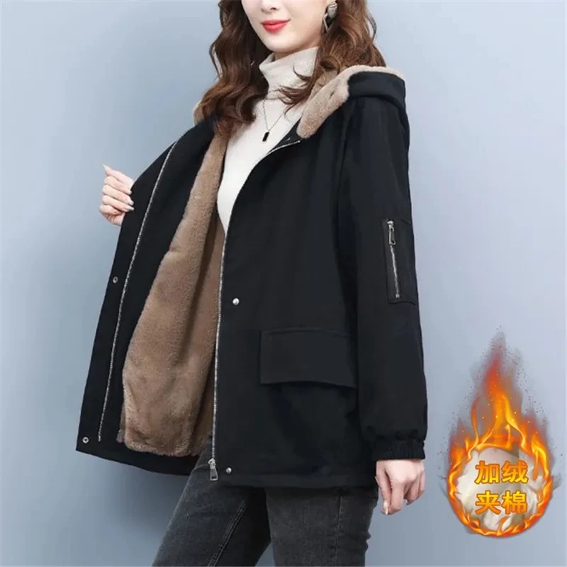 2025 Autumn/Winter New Plush Thicken Parkas Women's Korean Edition Medium Long Hooded Cotton Jacket Female Loose Casual Overcoat