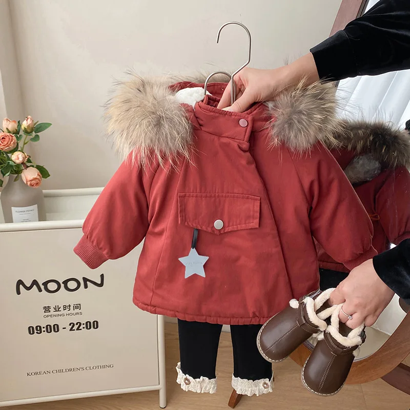 Girls' cotton coat, winter new style, children's plush and thick Parker cotton coat, warm baby winter coat, cotton jacket