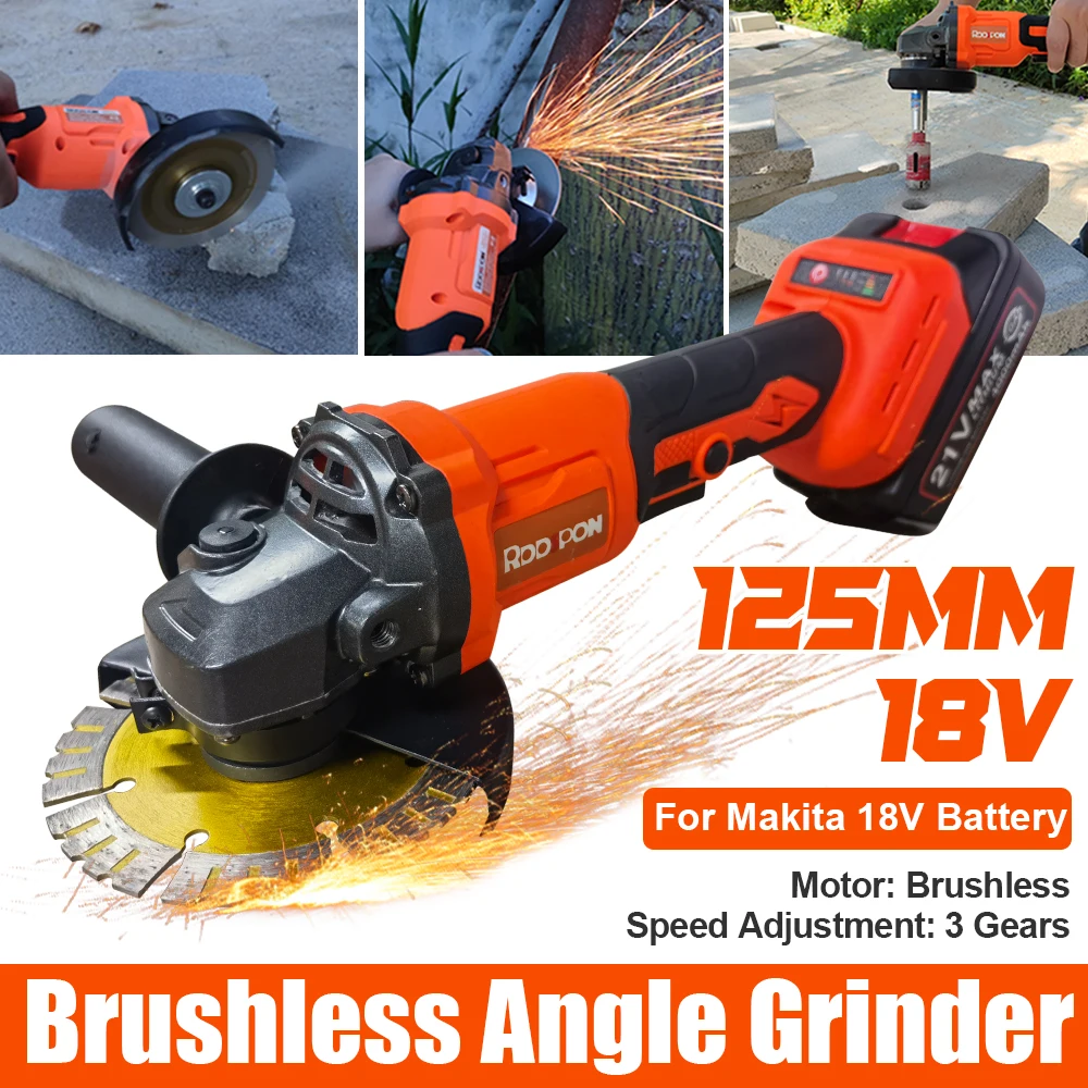 Brushless Electric Angle Grinder Cordless RDDSPON 125MM For Makita 18V Lithium-Ion Battery 3 Gears Cutting Machine Power Tool