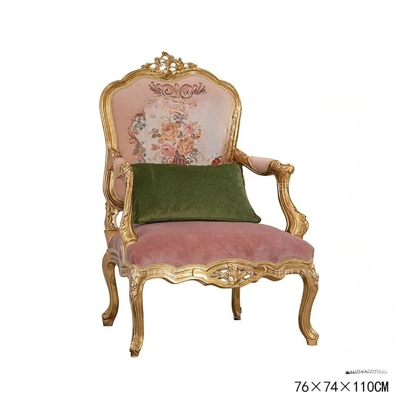 French Rococo style solid wood carved single chair, pink romantic leisure chair on the balcony of the villa living room