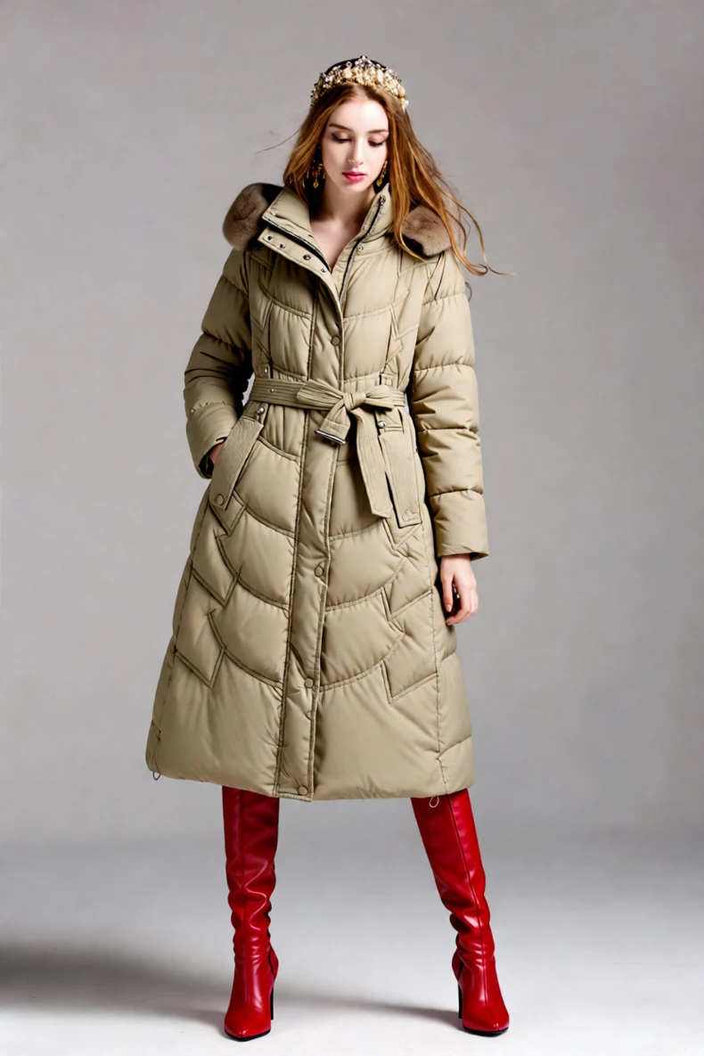 Piumino lungo trapuntato da donna con cappuccio in pelliccia e piumino d'anatra bianco in vita con cintura per il calore invernale e uno stile elegante