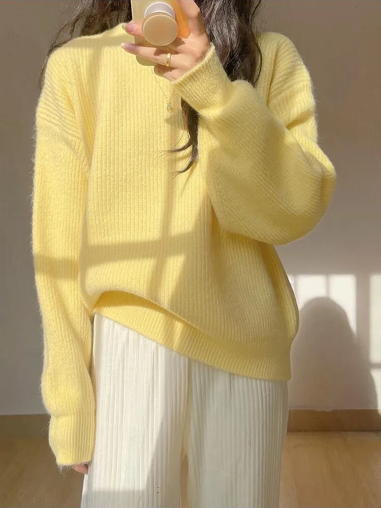 Jyate Soft Yellow Round Neck Women\'s Sweater Loose Solid Pullover Autumn And Winter New Knitted Top Casual And Thin Outerwear