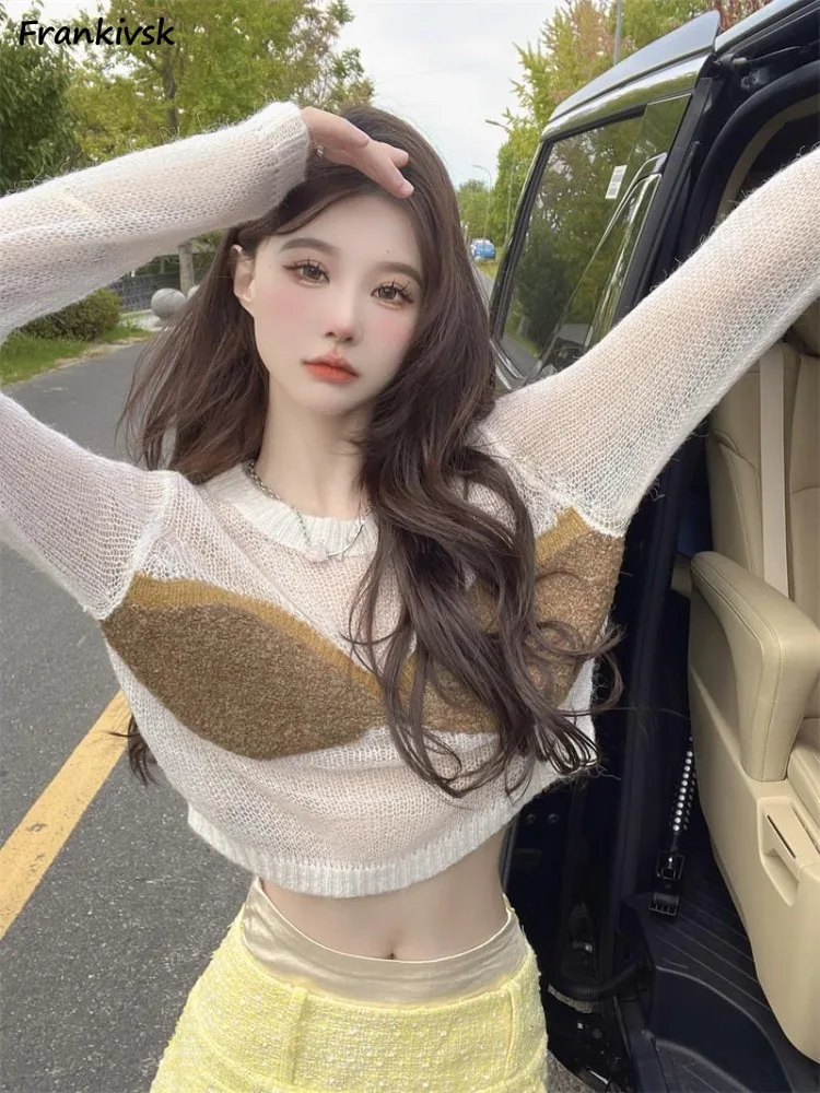 Sexy Sweaters Women Hotsweet Sheer Spring Summer Spliced Unique American Style Panelled Pullover Cropped Loose O-neck Aesthetic