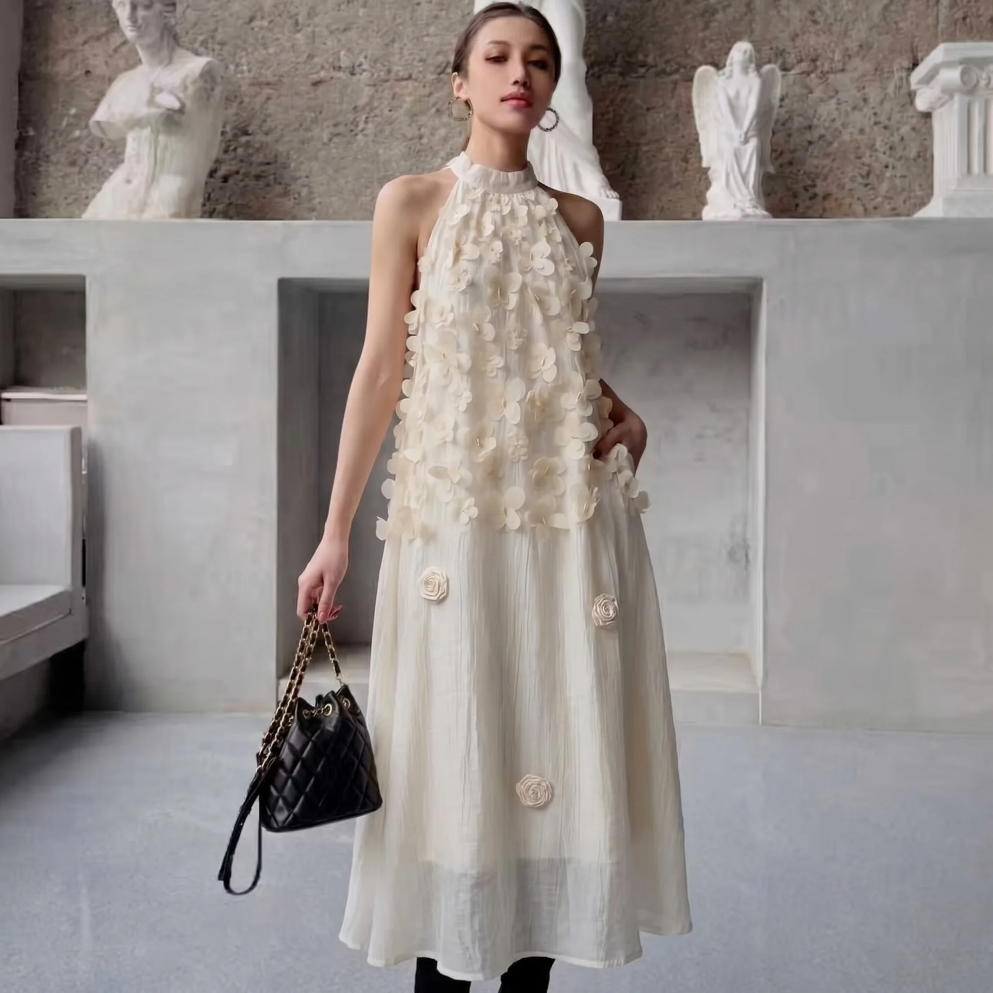 

Women 3D Applique Flower Halterneck Maxi Dress French Style Open Back Slim Long Dress Summer Vacation 2026 DM3BDR006