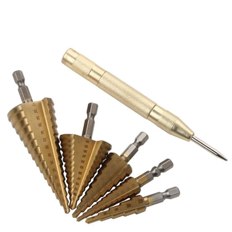 Set di punte da trapano a gradini AEE6-5PCS, punte da trapano HSS, punzone centrale automatico, punta divisa sagomata, con custodia in alluminio, punte a gradini per metallo