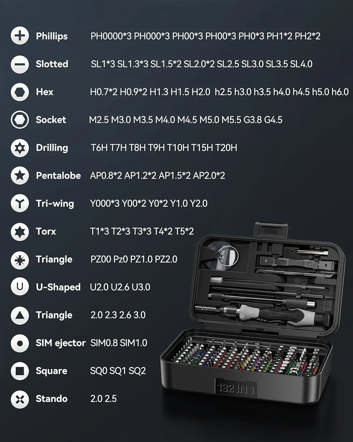 132 in 1 Precision Screwdriver Set Multi-Function Manual Repair Tool with 108 Magnetic Drill Bits for iPhone Camera Watch Laptop