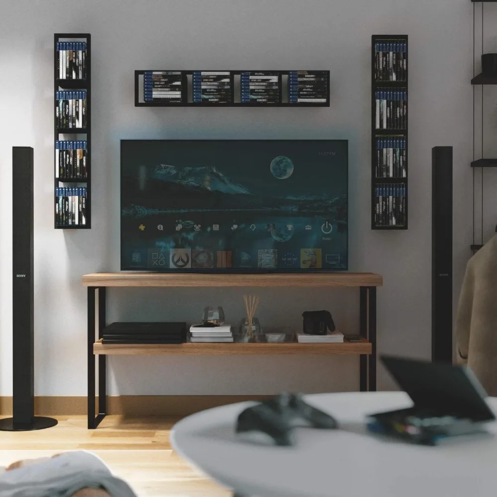 رف تخزين الوسائط العائمة مقاس 34 بوصة، منظم أقراص CD DVD، مجموعة أرفف جدارية معدنية مكونة من قطعتين باللون الأسود