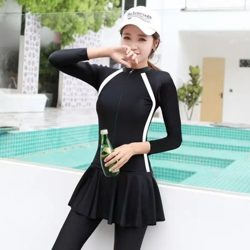 Full-Coverage Swimsuit for Students | Long Sleeve & Pant Rash Guard Dress for Sun Protection, Slimming Hot Spring & Dive Wear
