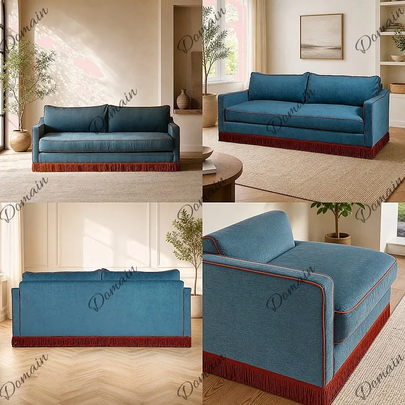 French Retro Blue Colorblock Fringe Fabric Loveseat Small Apartment Hotel Lounge Sofa Chair