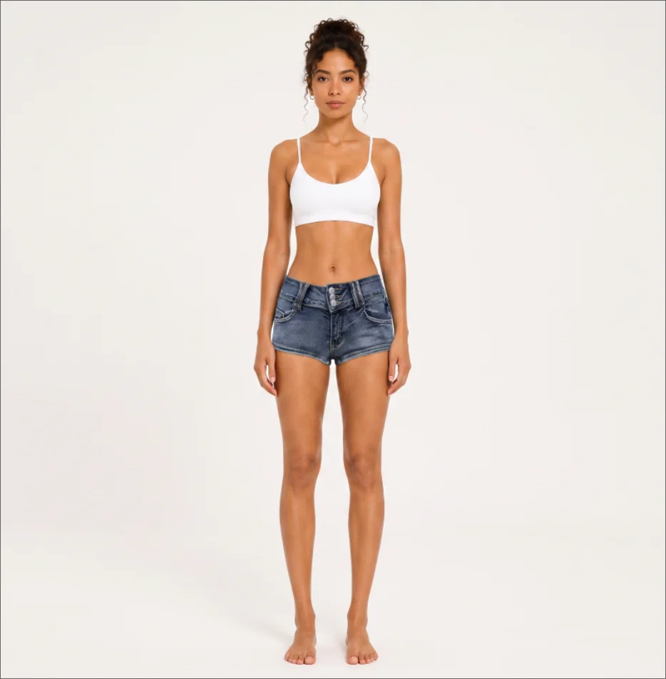 Women 3 Button Fly Retro Washed Denim Shorts Low Waist Slim Fit Ultra Short Hot Pants Wrapped Hip Retro Sexy Cute Mini Shorts