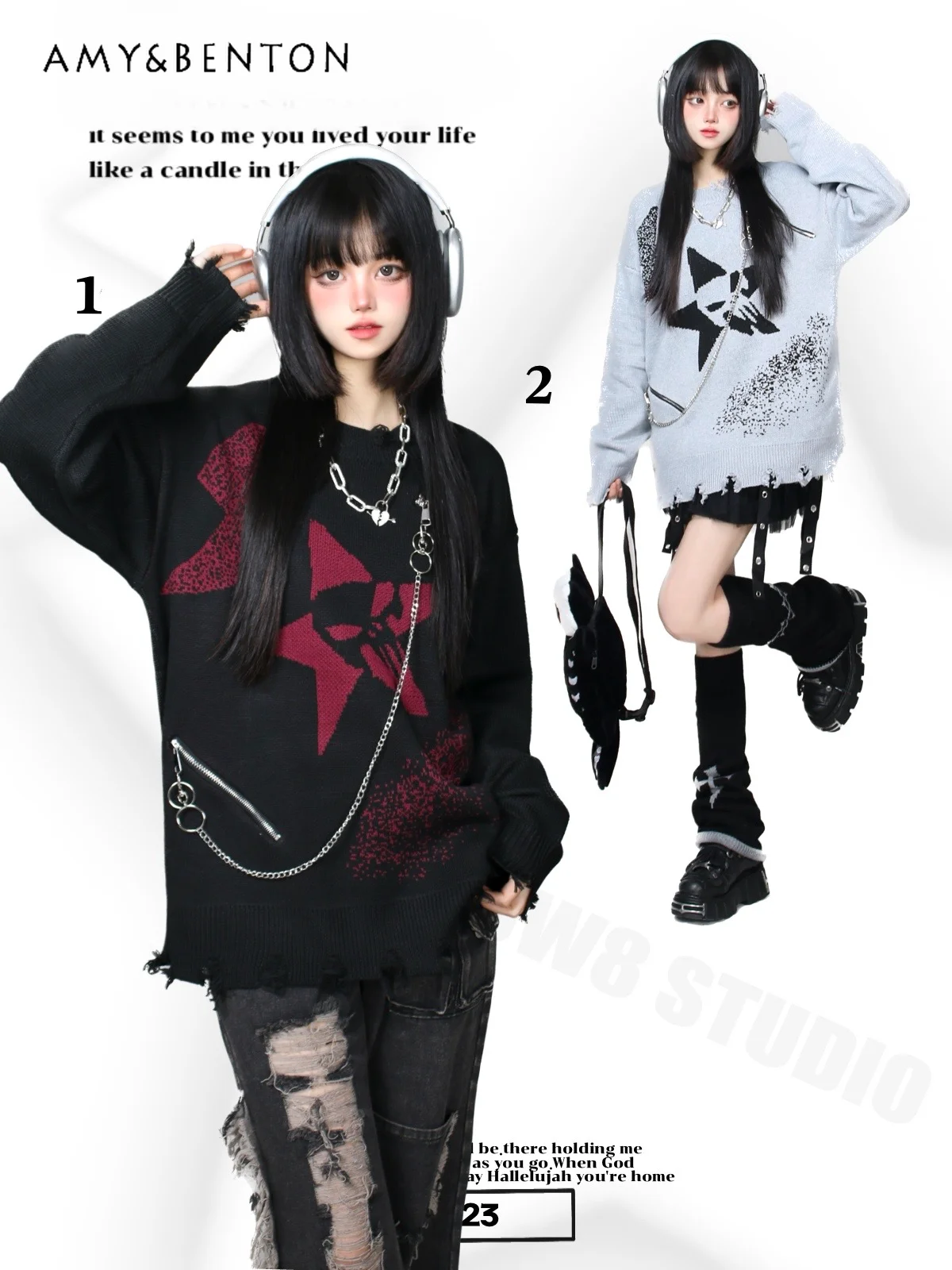 

Subculture Chain Pendant Ripped Sweater Harajuku Goth Printed Long-sleeved Knitted Sweater Autumn Winter Pullover Men and Women