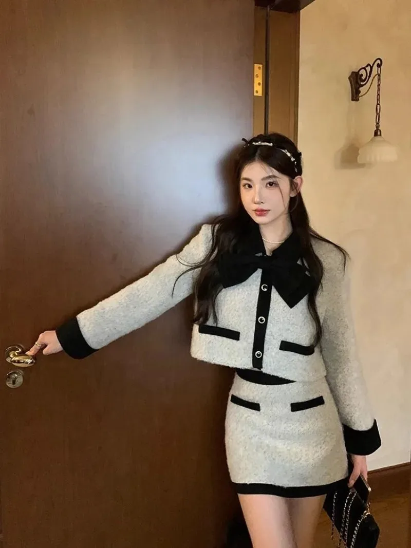 French Temperament Sweet Woolen Coat Skirt Two-piece Set Women Fashion Polo Single Breasted Contrast Color Celebrity Slim Suit