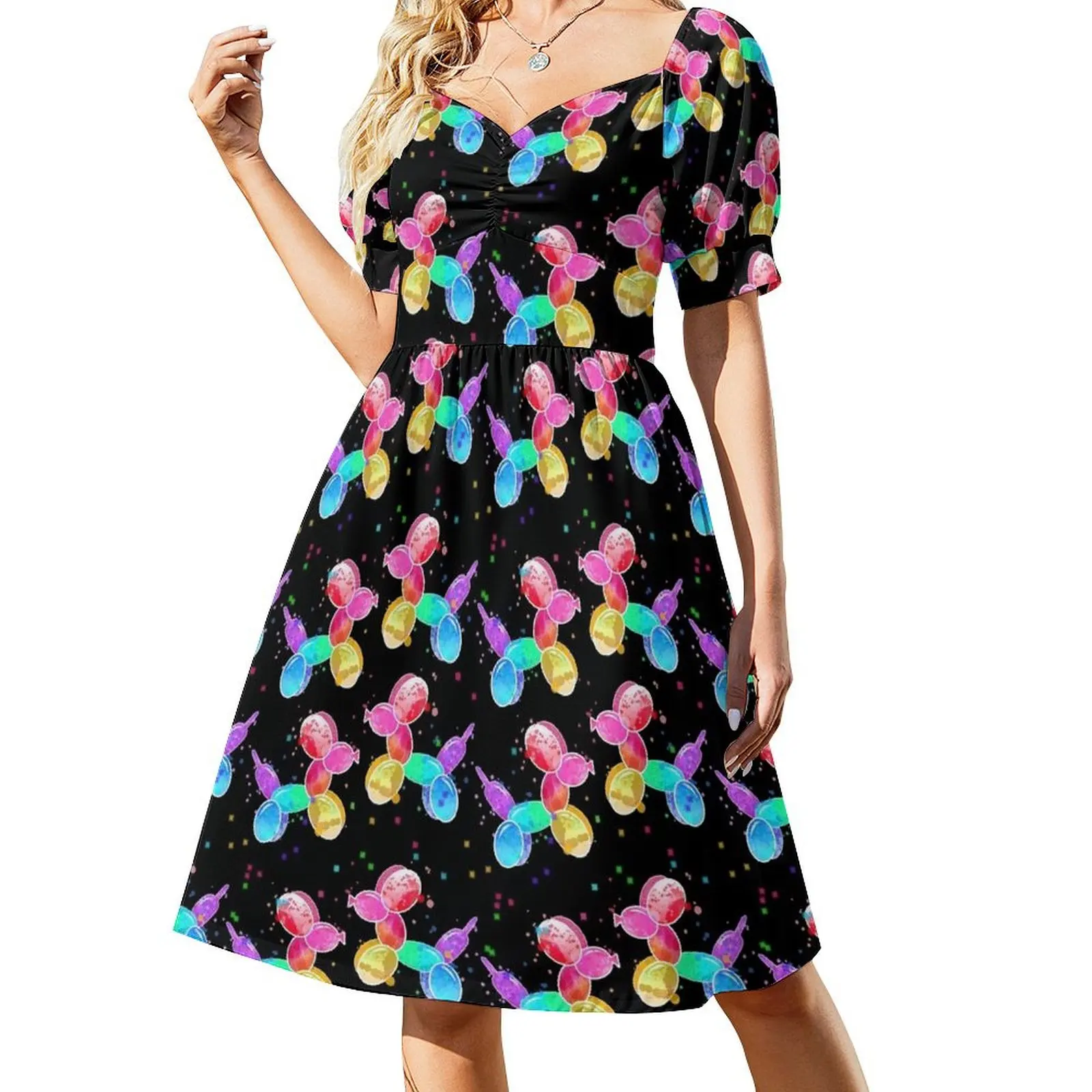 

Watercolor Balloon Dogs on black Short Sleeved Dress dress dresses for women Dress