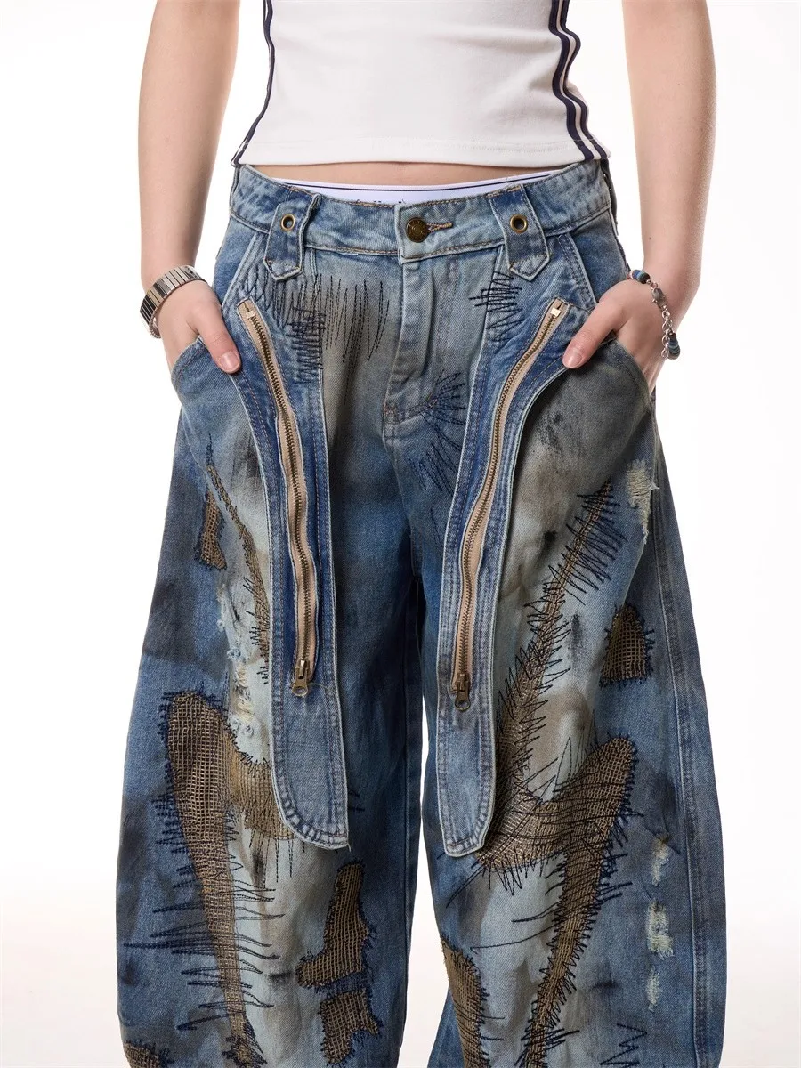 Dżinsy haftowane w stylu American Street Destruction, oversize, retro, sprane, modne, luźne, casualowe, z szerokimi nogawkami.