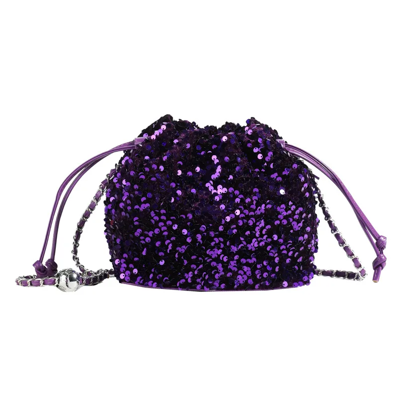 

Women's Fashionable Elegant Chain Bucket Bag with Flower Embroidery Sequins Contrasting Colors Stylish Handbag