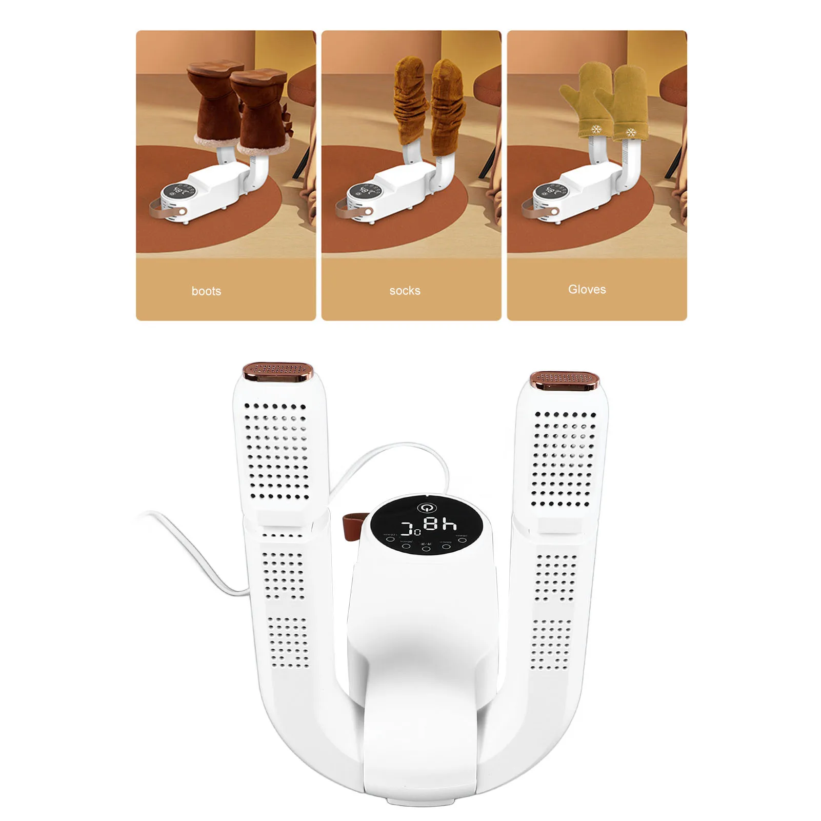 

Сушилка для обуви, белый выдвижной складной таймер, сенсорный экран, бесшумный портативный электрический дезодоратор для ботинок для рабочих ботинок, британская вилка