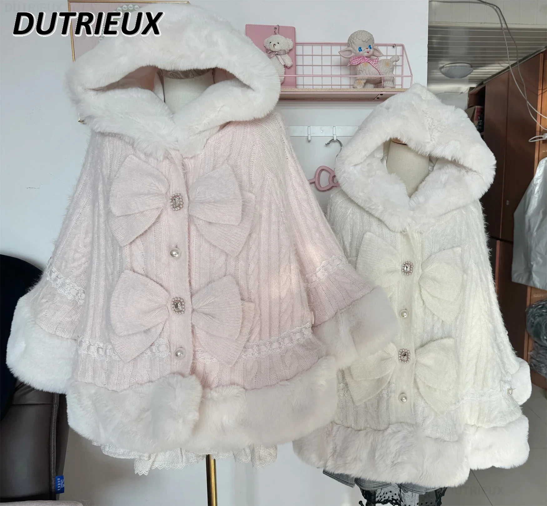 خريف شتاء جديد سترة سترة المرأة اليابانية الألغام الحلو لينة شمعي سميكة الحلو زر اللؤلؤ مقنعين محبوك سترة الرأس سترة