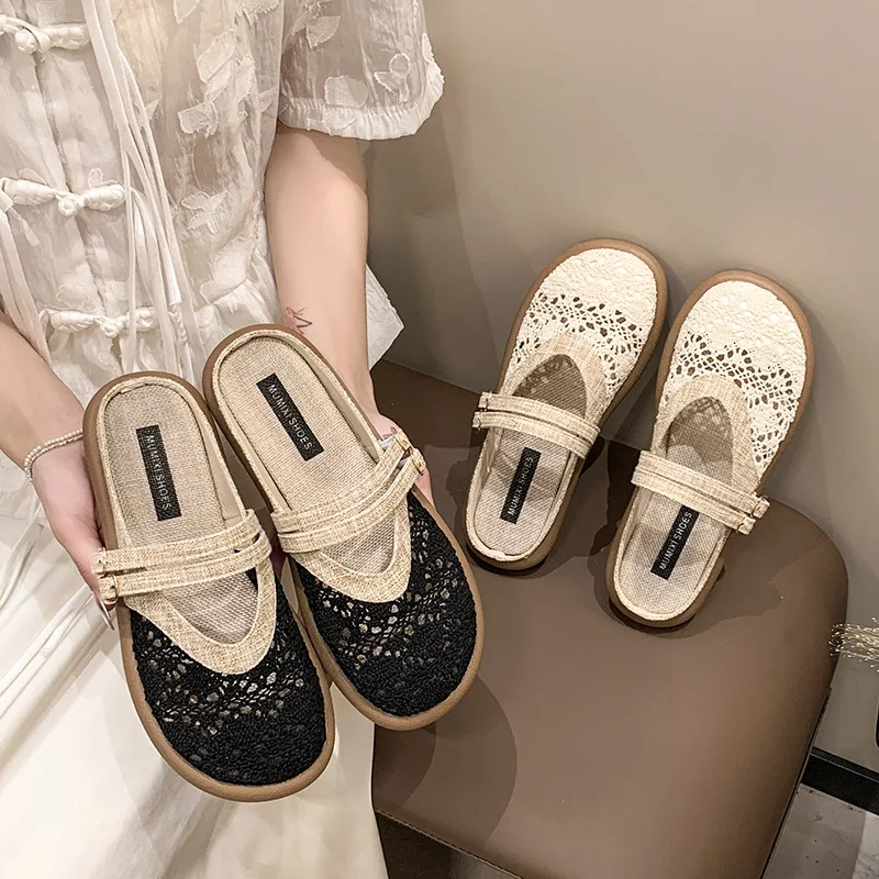 Große Damensandalen, Sommer, hohl, atmungsaktiv, Vintage-Hausschuhe, leicht, bequem, modisch, mit Schnallenriemen, lässige Wohnungen