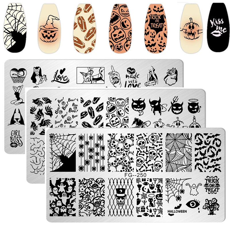 Halloween Nail Art Stamping Plate Spider web skull Template Butterfly Heart Wave Line Image Stencil Mold Nail Printing Tools