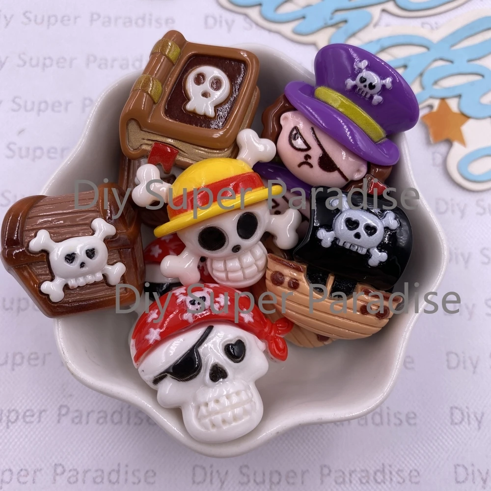 10pcs Resin Colorful 3D Cartoon Skull Pirate ship captain box book Figurine Flat back Stone Decor DIY Halloween Scrapbook Crafts