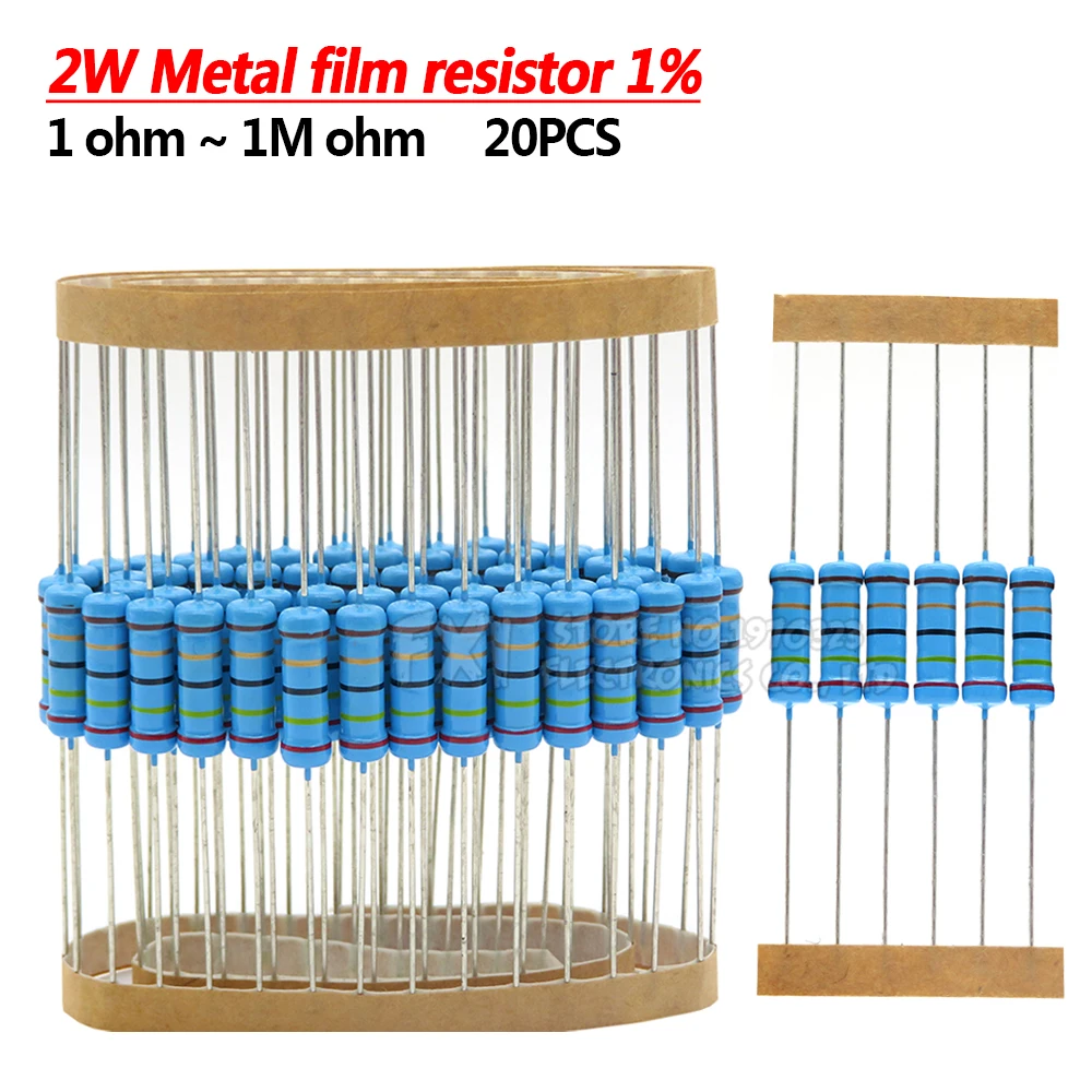 20pcs 2W Metal film resistor 1% 1R ~ 1M 2.2R 4.7R 10R 22R 47R 100R 220R 470R 1K 10K 100K 2.2 4.7 22 47 100 220 470 ohm