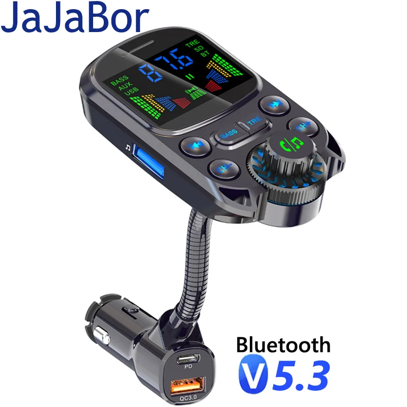 JaJaBor FM Transmitter FM Modulator Car Handsfree Bluetooth 5.3 AUX Audio Receiver QC3.0 PD 30W USB Fast Charging Car Mp3 Player