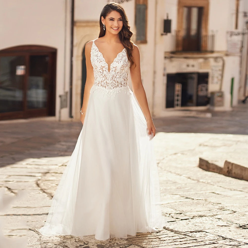 

Romantic A-line Tulle Appliques Wedding Dress Elegant Sweep Train V-neck Sleeveless Bridal Gowns High Quality Vestido De Novia