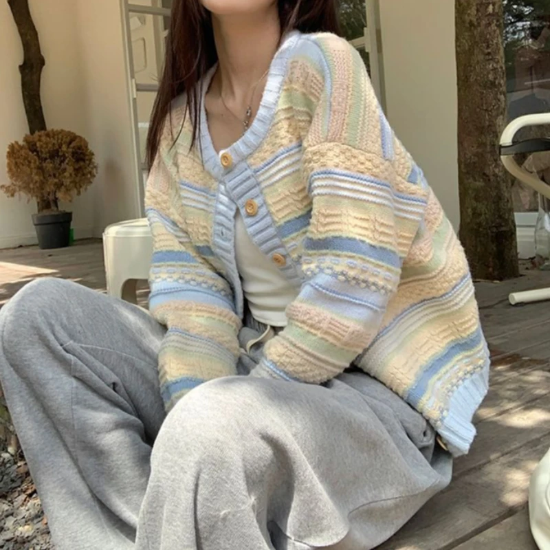 Autumn New Korean Style Loose Contrast Striped Versatile Knitted Sweater Cardigan Jacket for Women