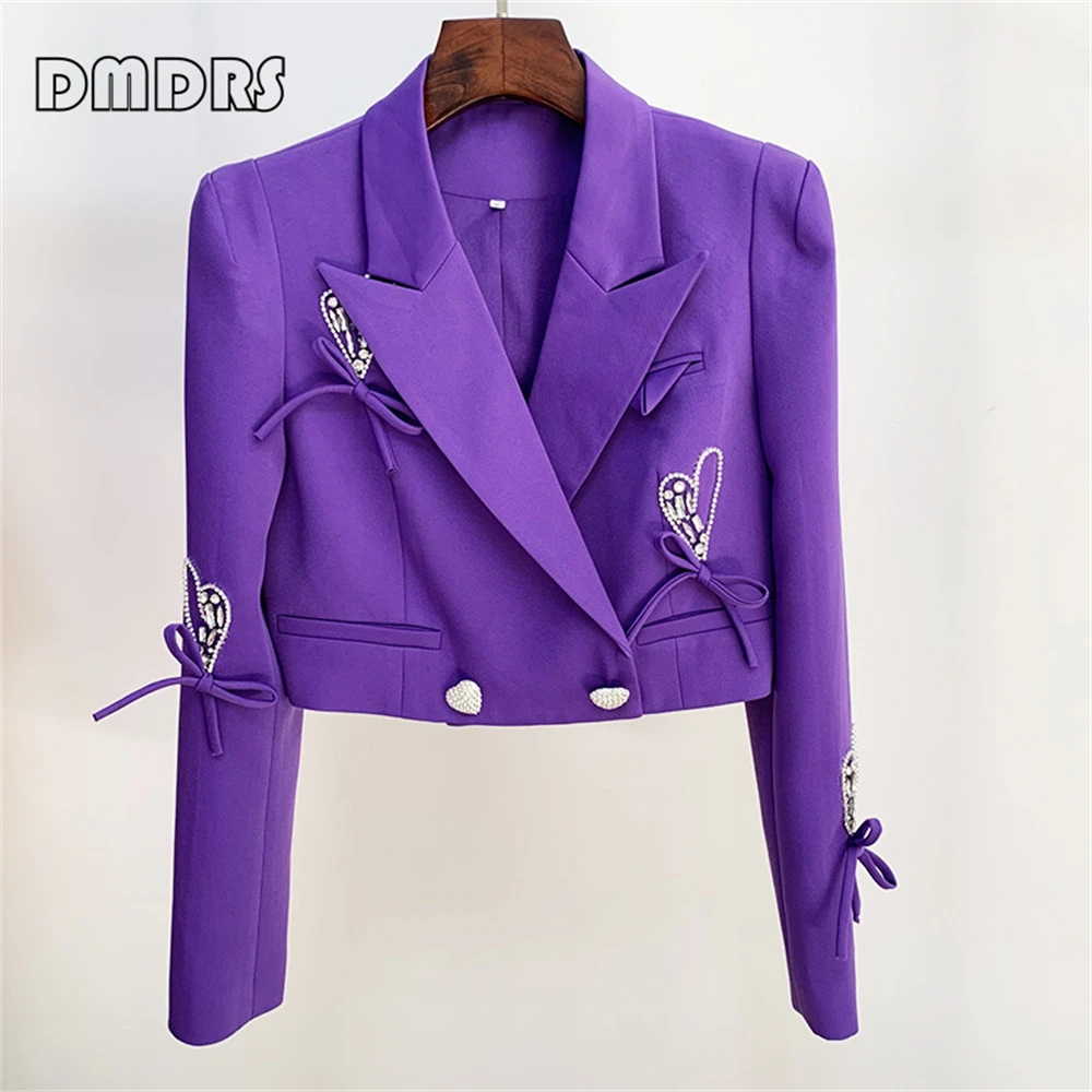 Jaket Blazer wanita, jaket pesta modis ungu, setelan Blazer pendek kancing berlian bentuk hati untuk wanita