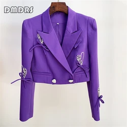 Heart Shaped Diamond Button Short Suit Jacket For Women, Purple Fashionable Autumn Suit Blazer Coat, Party Outfit In Stock